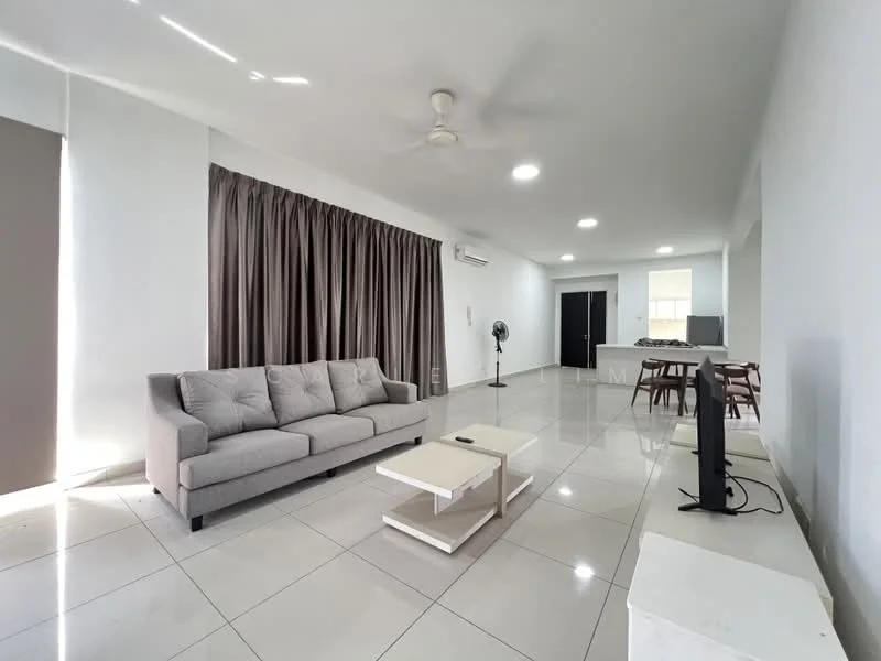 Living features: grey fabric 3-seater sofa, white coffee table, wall-mounted TV, floor-to-ceiling windows with sheer curtains, cream painted walls, glossy tile flooring, ceiling fan, air conditioning unit, decorative wall with curtain, open layout to dining area, light from windows, minimalist decor; style: modern.