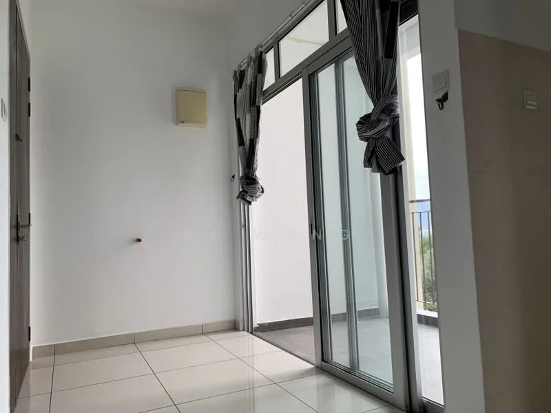 Room features: white painted walls, grey tiled flooring, floor-to-ceiling windows, sliding glass door, sheer curtains, wall-mounted air conditioning unit, balcony access, natural light; style: modern; view: city.