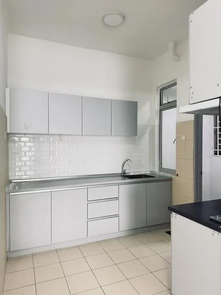 Kitchen features: light grey cabinetry with upper cabinets, stainless-steel sink, chrome faucet, white subway tile backsplash, grey countertop, built-in oven, ceramic tile flooring, window for natural light, neutral wall colour, space for refrigerator; style: modern.