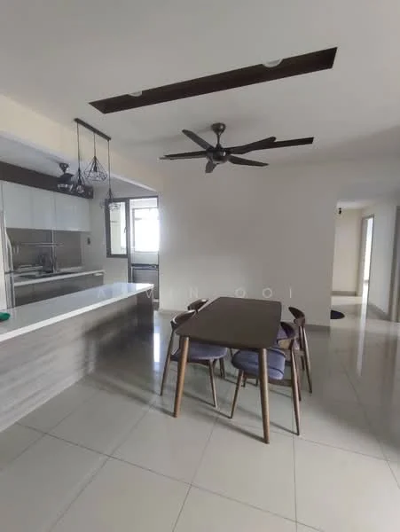 Dining features: dining table with 4 chairs, pendant lighting, ceiling fan, white walls, grey tile flooring, open layout to kitchen, large window for natural light, kitchen island with seating; style: modern. Kitchen features: stainless-steel appliances, white cabinetry, grey countertop, glass backsplash, built-in oven, induction cooktop, refrigerator, sink with faucet; style: modern. Room features: neutral wall color, doorway leading to hallway.