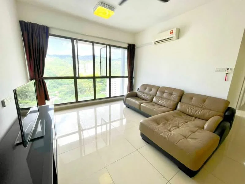 Living features: 3-seater leather sofa in beige, flat-screen TV on black console, floor-to-ceiling windows, mountain view, white painted walls, glossy tile flooring, 1 wall-mounted split AC, ceiling fan, dark curtains, LED ceiling light; style: modern; view: mountain.