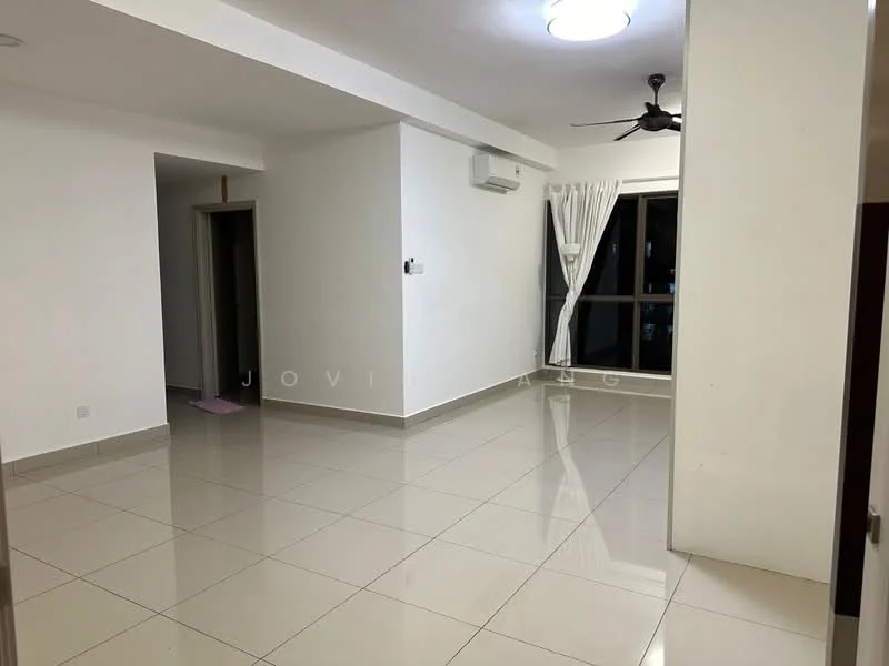 Living features: white painted walls, polished ceramic tile flooring, recessed ceiling lights, 5-blade ceiling fan, floor-to-ceiling windows, sheer curtains, air conditioning unit, open layout; style: modern. Room features: white painted walls, polished ceramic tile flooring, doorway leading to another room.