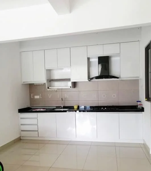 Kitchen features: white cabinetry, black granite countertop, stainless-steel range hood, 4-burner gas hob, built-in oven, double-bowl stainless-steel sink, white tiled backsplash, ceramic tile flooring, recessed downlights, window with view to outside; style: modern.