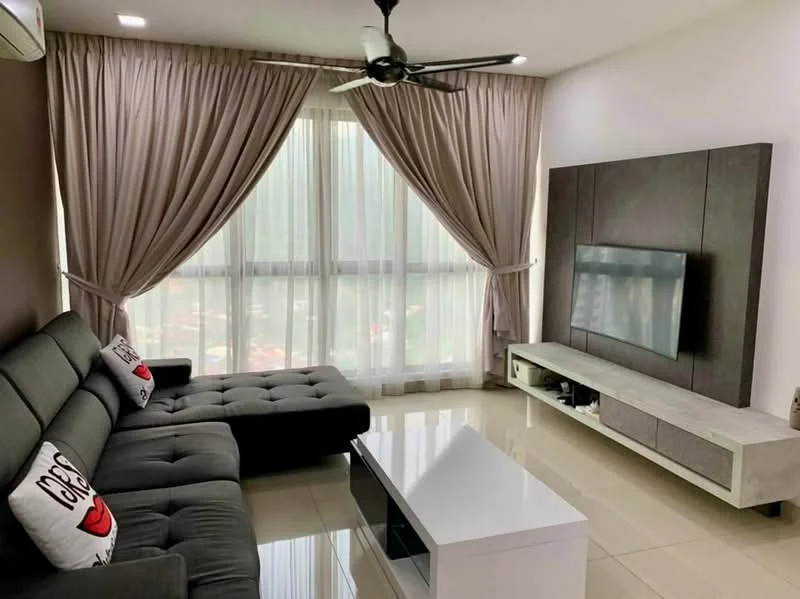 Living features: 3-seater fabric sofa in grey, white coffee table, wall-mounted TV, TV console in light wood, floor-to-ceiling windows, sheer curtains, dropped ceiling with recessed lighting, ceiling fan, cream painted walls, glossy tile flooring; style: modern; view: city.