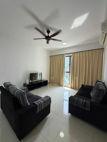 Living features: 2-seater fabric sofa in black, 3-seater fabric sofa in black with striped cushions, coffee table, TV console, wall-mounted TV, floor-to-ceiling windows, sheer curtains, white painted walls, glossy tile flooring, 5-blade ceiling fan, wall-mounted air conditioning unit, recessed ceiling light; style: modern; view: city.