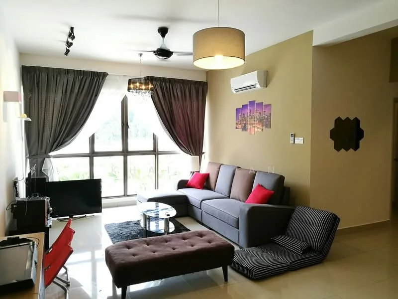 Living features: 3-seater fabric sofa in grey, 2 red accent cushions, coffee table with glass top, flat-screen TV on stand, black TV console, area rug in dark color, ceiling fan, recessed downlights, chandelier, floor-to-ceiling windows with sheer curtains, wall-mounted air conditioning unit, decorative wall art, accent wall in beige, dark wood flooring; style: modern; view: garden.