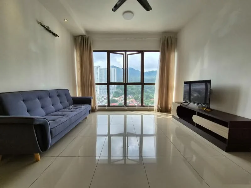 Living features: grey fabric sofa, wall-mounted TV, TV console in dark wood, large floor-to-ceiling windows, mountain view, white painted walls, glossy tile flooring, ceiling fan with light, curtains, natural light; style: modern; view: mountain.