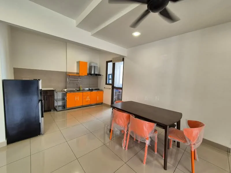 Kitchen features: orange cabinetry, black countertop, stainless-steel sink, chrome pull-down faucet, built-in gas stove, exhaust hood, refrigerator, dining table, 4 orange dining chairs, ceramic tile flooring, white painted walls, ceiling fan, window with natural light; style: modern.