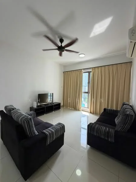 Living features: 2-seater fabric sofa in dark blue, 2-seater fabric sofa with striped cushions, flat-screen TV on TV console, TV console with storage shelves, white walls, glossy tile flooring, 5-blade ceiling fan, curtains in beige, floor-to-ceiling windows, air conditioning unit on wall; style: modern; view: city.