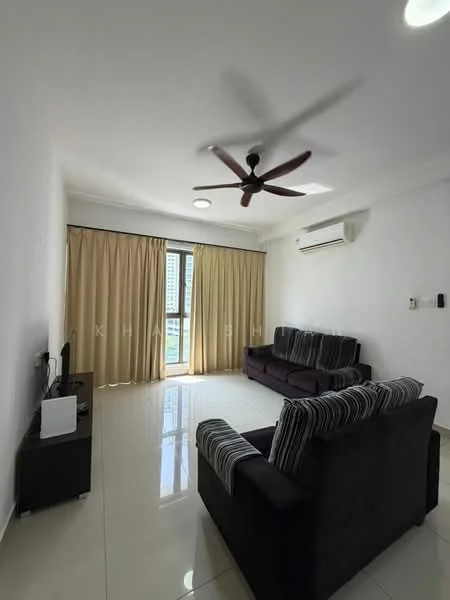 Living features: 2-seater fabric sofa in dark grey, 3-seater fabric sofa with striped pattern, coffee table, wall-mounted TV, floor-to-ceiling windows, sheer curtains, white painted walls, polished ceramic tile flooring, ceiling fan with 5 blades, wall-mounted split AC; style: modern; view: city.
