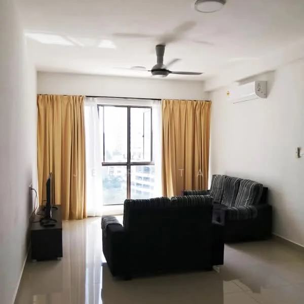 Living features: 2-seater fabric sofa in black, striped accent chair, coffee table, wall-mounted TV, floor-to-ceiling windows, sheer curtains, blackout curtains, ceiling fan, wall-mounted split AC, glossy tile flooring, white painted walls, recessed downlights; style: modern; view: city.