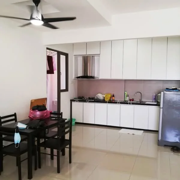 Kitchen features: white cabinetry, stainless-steel sink, chrome pull-down faucet, built-in oven, freestanding range oven, stainless-steel fridge, grey tiled backsplash, ceramic tile flooring, 5-blade ceiling fan with light, dining table with 4 black chairs, open shelving, countertop space; style: modern.