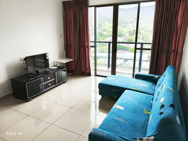 Living features: blue fabric L-shape sectional sofa, black TV console, flat-screen TV, floor-to-ceiling windows, curtains in burgundy, glossy tile flooring, mountain view through windows, decorative wall art, light-colored walls; style: modern; view: mountain.