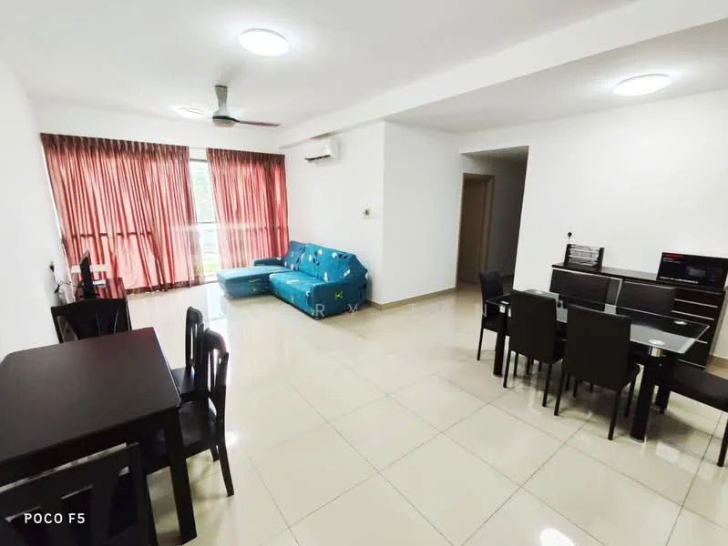 Living features: 3-seater fabric sofa in blue, dining table for 6, black dining chairs, floor-to-ceiling windows, sheer curtains in red, wall-mounted split AC, recessed downlights, glossy tile flooring, light-colored painted walls, ceiling fan; style: modern; view: garden.