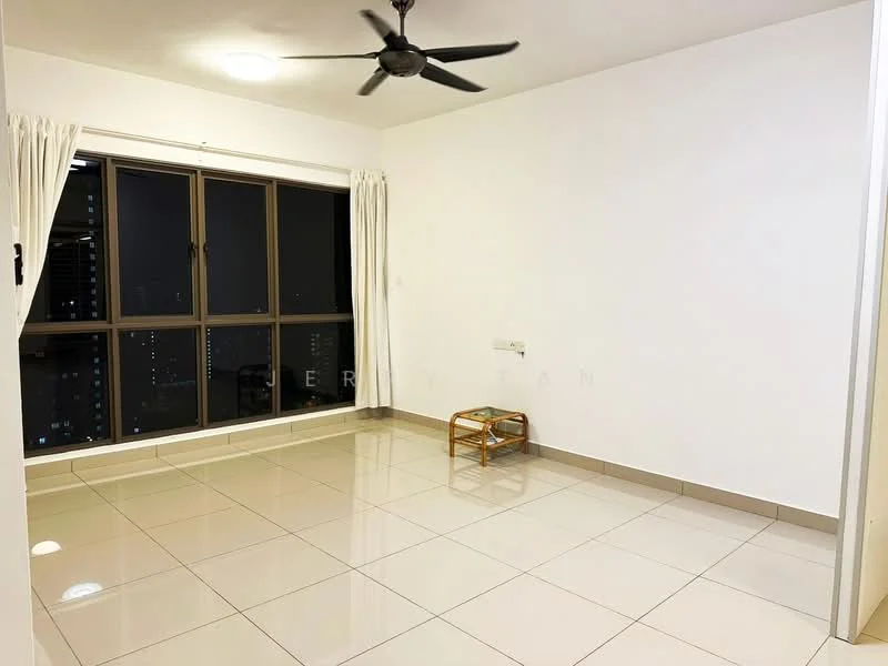 Living features: white painted walls, glossy ceramic tile flooring, 5-blade ceiling fan, floor-to-ceiling windows, sheer curtains, neutral color scheme, small side table, city view visible through windows; style: modern; view: city.
