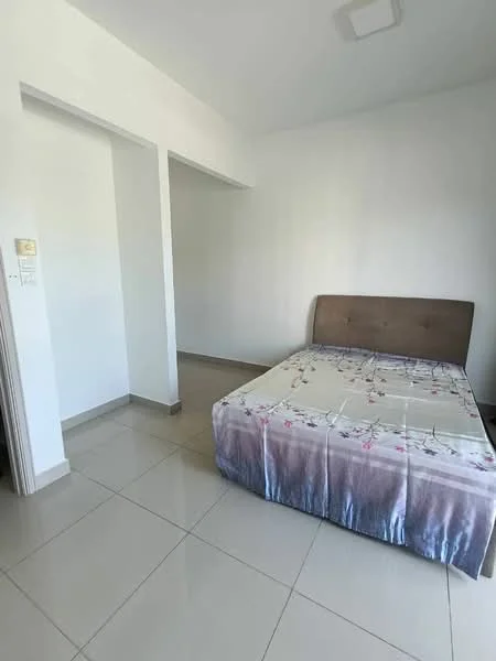 Bedroom features: queen-size bed with floral bedding, light grey tiled flooring, white painted walls, single window, built-in wardrobe, ceiling light fixture, neutral color scheme; style: modern.