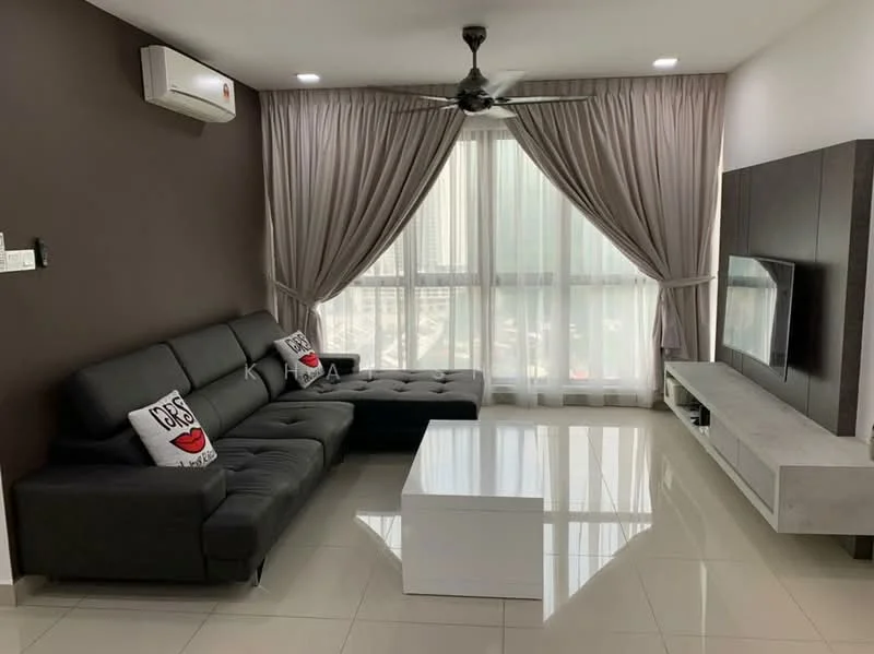 Living features: 3-seater black leather sofa, 2 decorative cushions with lips design, white coffee table, wall-mounted TV, TV console with storage, floor-to-ceiling windows, sheer curtains, dark brown accent wall, light-colored tiled flooring, ceiling fan with light; style: modern; view: city.