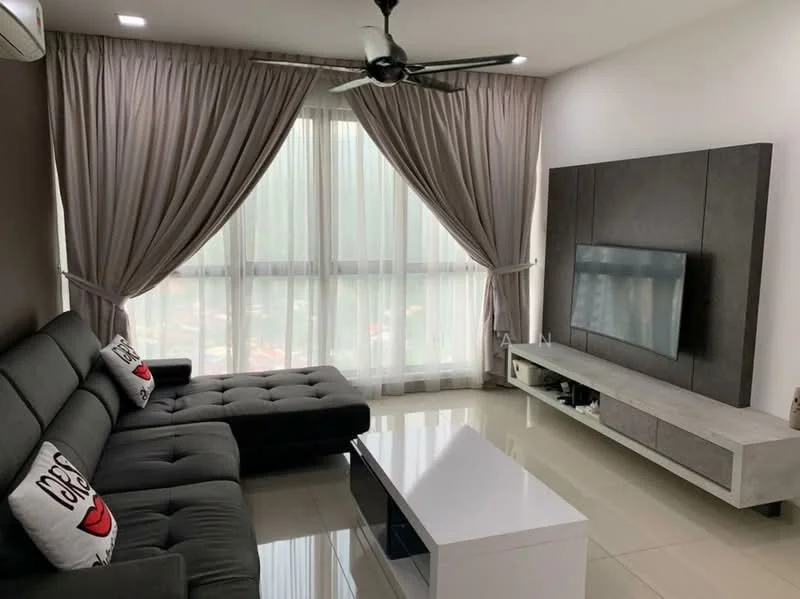Living features: 3-seater fabric sofa in grey, white coffee table, wall-mounted TV, TV console in light grey, floor-to-ceiling windows, sheer curtains, dark accent wall, recessed downlights, ceiling fan, glossy tile flooring; style: modern; view: city.