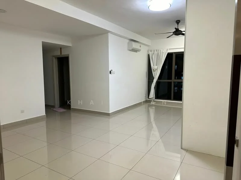 Living features: white painted walls, glossy ceramic tile flooring, 5-blade ceiling fan with light, floor-to-ceiling windows, sheer curtains, wall-mounted split AC, recessed ceiling lights; style: modern. Room features: white painted walls, glossy ceramic tile flooring, doorway leading to another room.