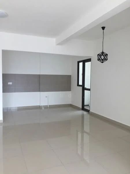 Room features: white painted walls, grey tiled backsplash, glossy floor tiles, hanging pendant light, large glass door, open layout, no visible furniture; style: modern.