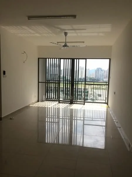 Living features: white painted walls, glossy ceramic tile flooring, 5-blade ceiling fan with light, floor-to-ceiling sliding glass door, black metal grille, natural light from large windows, city view, recessed lighting; style: modern; view: city.