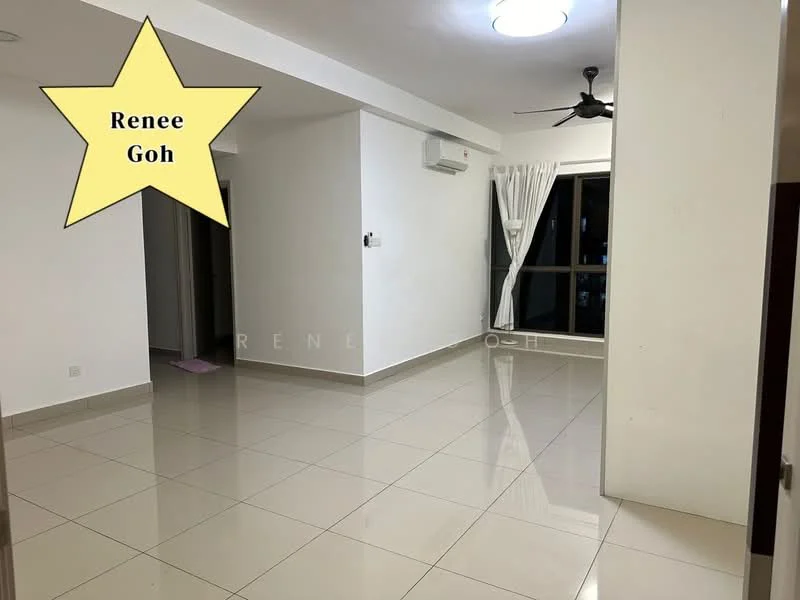 Living features: white painted walls, polished ceramic tile flooring, ceiling fan, floor-to-ceiling windows, sheer curtains, air conditioning unit, recessed ceiling lights; style: modern. Room features: white painted walls, polished ceramic tile flooring.