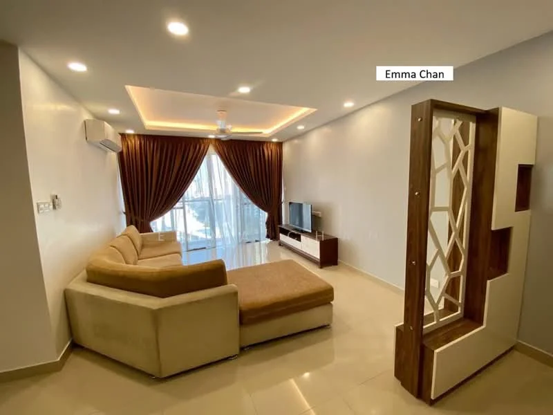 Living features: L-shape sectional sofa in beige, coffee table, wall-mounted TV, TV console, floor-to-ceiling windows, sheer curtains, recessed downlights, 5-blade ceiling fan with light, cream painted walls, tile flooring, decorative feature wall with geometric design; style: modern; view: city.