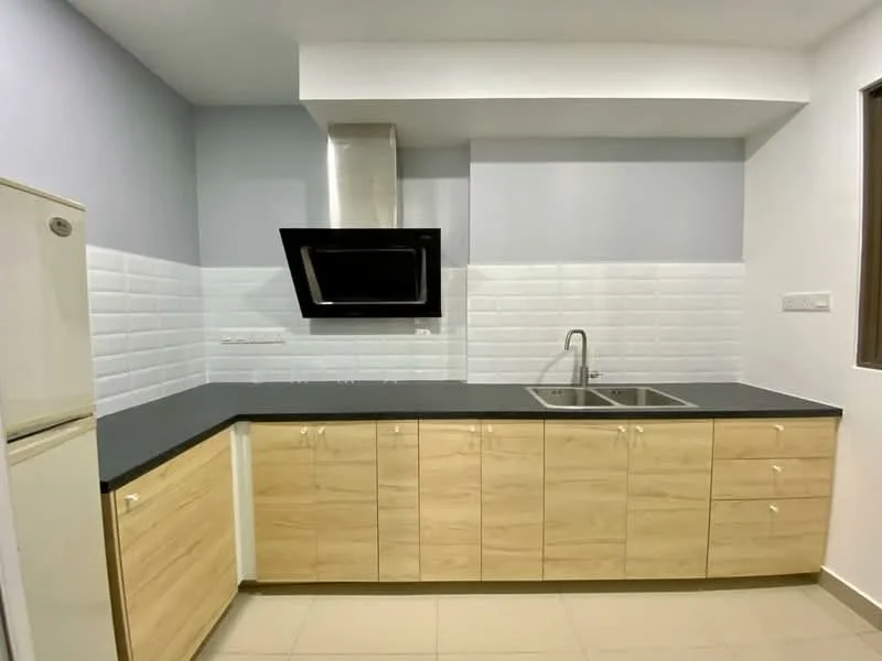 Kitchen features: light wood cabinetry, black countertop, stainless-steel sink, chrome pull-down faucet, built-in oven, stainless-steel range hood, white tiled backsplash, ceramic tile flooring, single-door fridge, window with view, wall-mounted cabinets; style: modern.