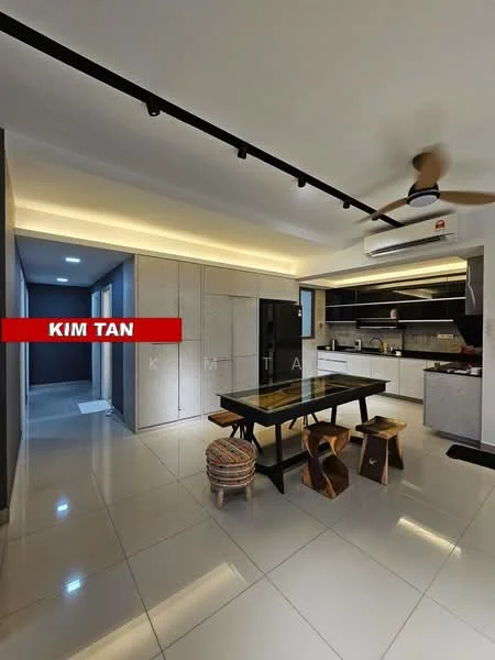 Kitchen features: white cabinets, black countertops, stainless-steel appliances, built-in oven, 4-burner gas hob, exhaust hood, double-bowl stainless-steel sink, chrome pull-down faucet, pendant lighting, recessed LED downlights, open shelving, dining table with wooden top, wooden stools, ceramic tile flooring, wall-mounted split AC; style: modern. Hallway features: white painted walls, ceramic tile flooring, recessed lighting, track lighting; style: modern.
