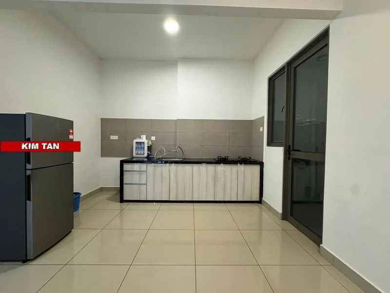 Kitchen features: grey tiled backsplash, white cabinetry with wood accents, black countertop, stainless-steel sink, chrome pull-down faucet, 4-burner gas hob, built-in oven, refrigerator, ceramic tile flooring, recessed downlights, floor-to-ceiling window, open shelving; style: modern.