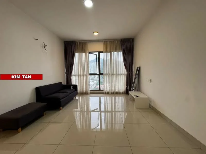 Living features: grey fabric sofa, white TV console, floor-to-ceiling windows, sheer curtains, recessed downlights, white painted walls, glossy ceramic tile flooring, mountain view; style: modern; view: mountain.