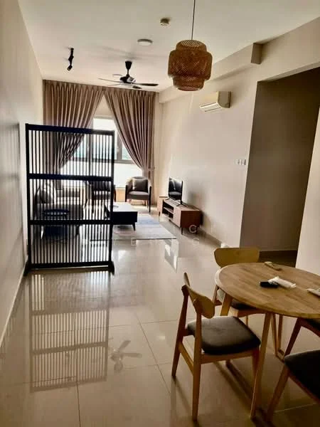 Living features: cream painted walls, polished tile flooring, 5-blade ceiling fan, sofa with cushions, coffee table, TV console, wall-mounted TV, curtains, floor-to-ceiling windows, decorative pendant light; style: modern; view: garden. Dining features: round dining table, wooden dining chairs, table setting with utensils; style: modern.