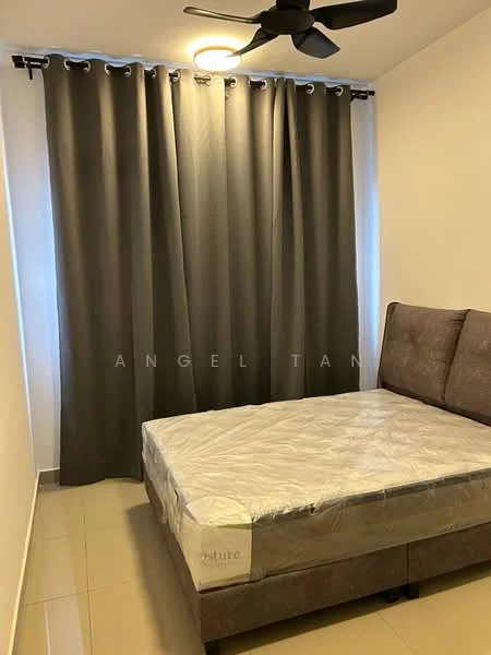 Bedroom features: queen-size bed, upholstered headboard, grey curtains, floor-to-ceiling window, ceiling fan, light fixture, tile flooring, white painted walls; style: modern.