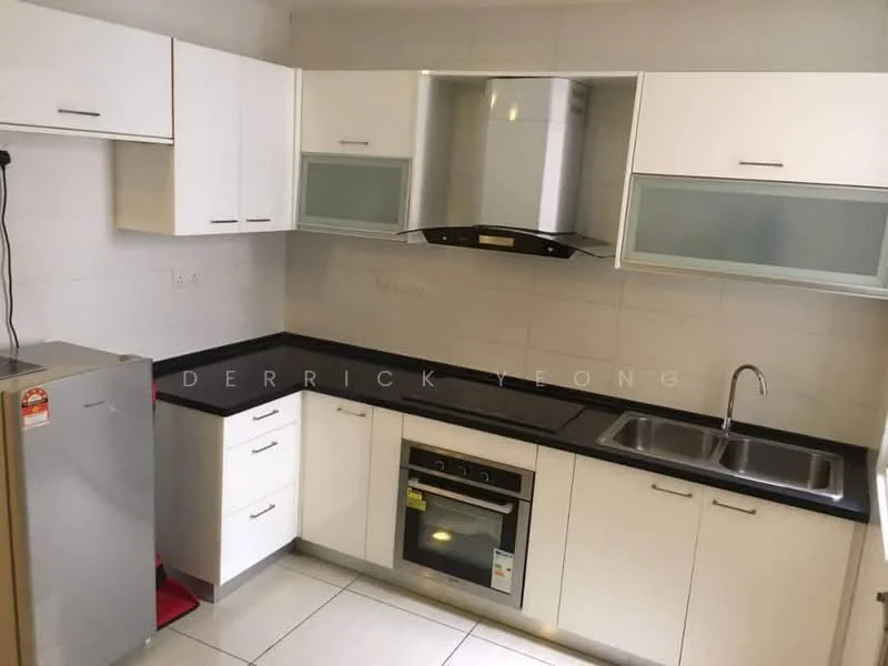 Kitchen features: white shaker cabinets, black granite countertop, stainless-steel sink, chrome pull-down faucet, built-in oven, stainless-steel range hood, 4-burner gas hob, ceramic tile flooring, refrigerator, glass upper cabinet doors, wall-mounted cabinets, tile backsplash; style: modern.