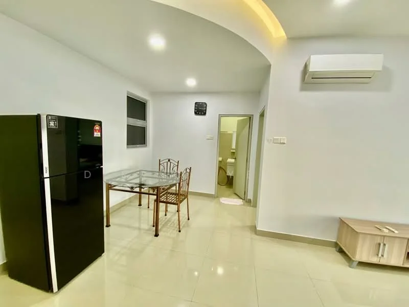 Dining features: black fridge, glass dining table, 4 wooden dining chairs, wall-mounted air conditioning unit, light-colored wall, glossy floor tiles, ceiling with recessed lighting, doorway leading to bathroom; style: modern.