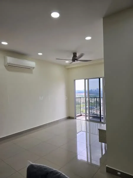 Living features: white painted walls, glossy ceramic tile flooring, 5-blade ceiling fan with light, wall-mounted split AC, floor-to-ceiling sliding glass door, balcony access, recessed LED downlights, neutral color scheme; style: modern; view: city.