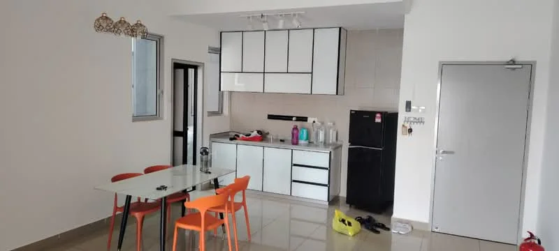 Kitchen features: white cabinetry with black trim, stainless-steel sink, chrome pull-down faucet, built-in gas stove, black refrigerator, grey countertop, tile backsplash, pendant lighting, floor-to-ceiling windows, ceramic tile flooring; style: modern. Dining features: glass dining table, 4 orange plastic dining chairs; style: modern.