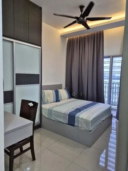 Bedroom features: queen-size bed with grey base, striped bedding in blue and white, wooden study desk, wooden chair, floor-to-ceiling window, grey curtains, ceiling fan with 3 blades, glossy white tile flooring, built-in wardrobe with sliding doors, wall-mounted light fixture; style: modern.
