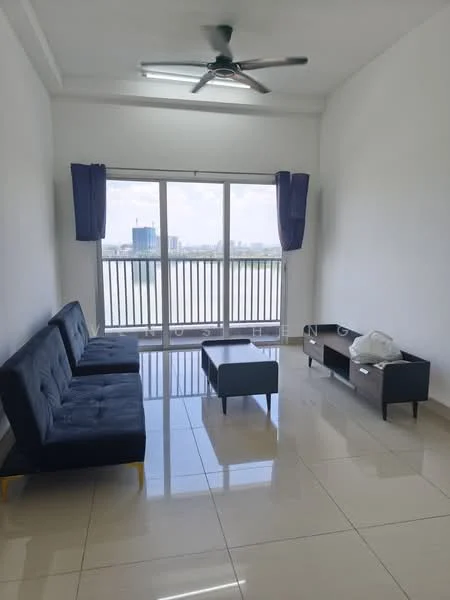 Living features: 3-seater fabric sofa in navy blue, 2-seater fabric sofa in navy blue, coffee table, TV console, floor-to-ceiling windows, sliding glass door, white painted walls, polished ceramic tile flooring, ceiling fan, curtains in dark blue, view of city skyline; style: modern; view: city.