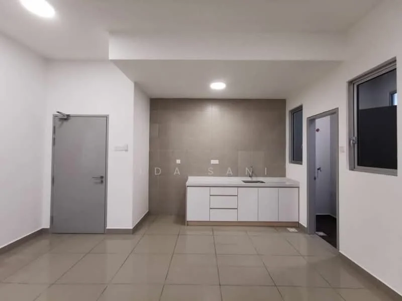 Room features: white painted walls, grey tiled flooring, kitchen cabinetry with white finish, single-bowl stainless-steel sink, countertop with light colour, recessed ceiling lights, two windows with grey frames, door with grey frame, light switch on wall, wall with beige tile cladding; style: modern.