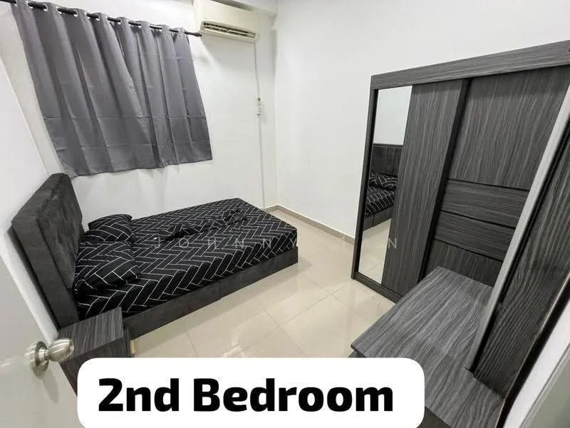 Bedroom features: single bed with black geometric-patterned bedding, grey upholstered headboard, dark wood wardrobe with sliding mirror doors, matching bedside table, cream tiled flooring, white painted walls, grey curtains, wall-mounted air conditioning unit; style: modern.