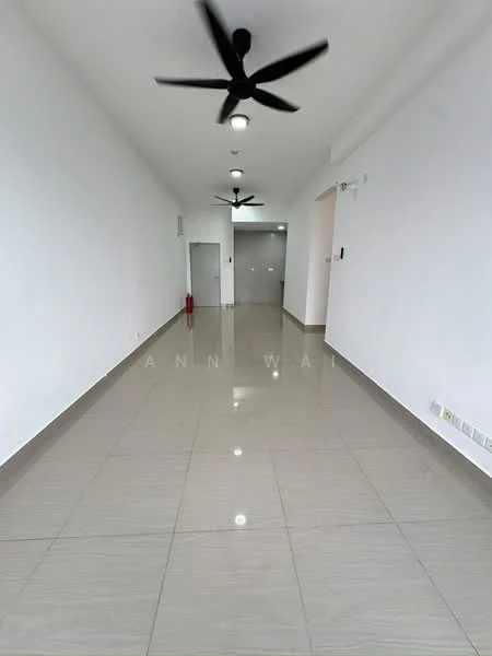 Room features: white painted walls, glossy ceramic tile flooring, 2 ceiling fans, recessed downlights, fire extinguisher on wall, open layout, no visible furniture, neutral color scheme; style: modern.