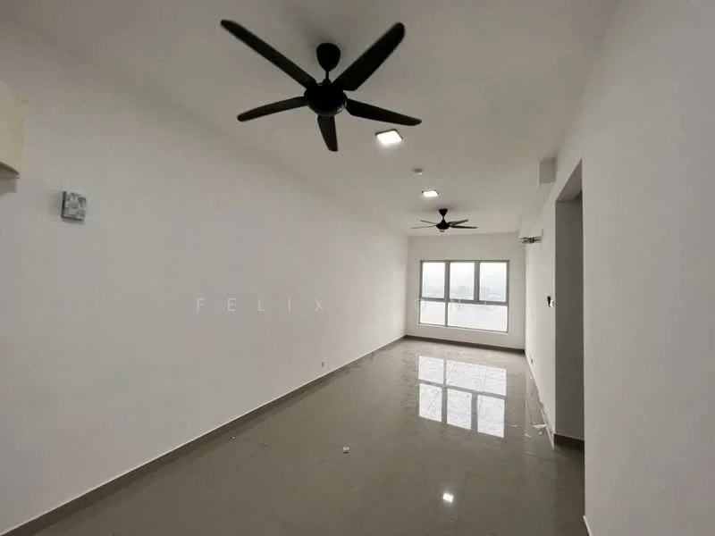 Living features: white painted walls, polished floor tiles, 2 ceiling fans, large windows, natural light, open layout, no visible furniture, minimalist decor; style: modern; view: city.