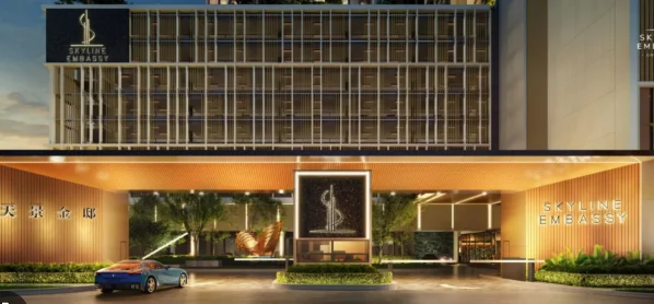 Exterior type: high-rise condominium; features: glass curtain wall facade, wooden paneling at entrance, feature lighting at night, manicured landscaping, sculptural art feature, covered entrance, driveway with interlocking pavers, signage with building name, modern architectural design; style: modern.