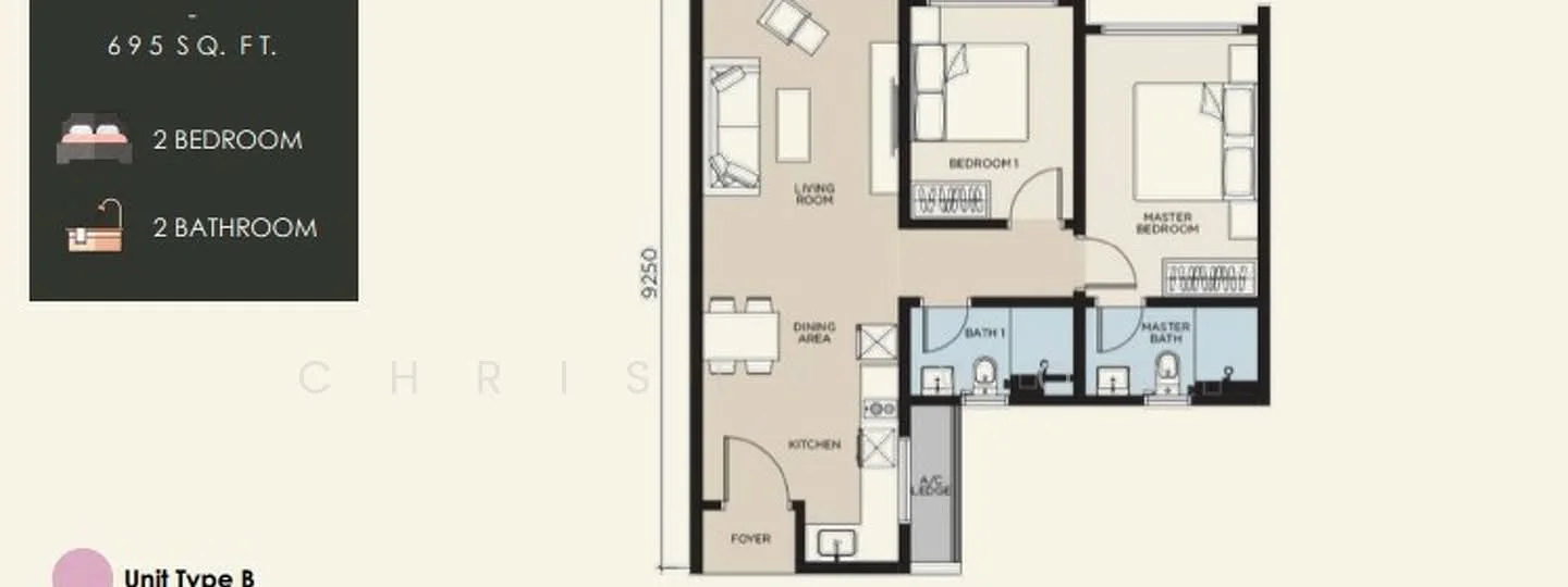 Floor plan: 2-bedroom 2-bathroom unit; features: open-plan kitchen-dining-living, master bedroom with ensuite bathroom, central foyer, utility room, balcony off living room, 1 car porch, 2-bay parking, 1,250 sqft built-up.