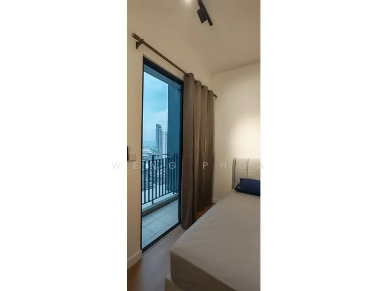 Bedroom features: floor-to-ceiling windows, sliding glass door, curtains, wooden flooring, white painted walls, bed with mattress, balcony view, light fixture; style: modern; view: city.