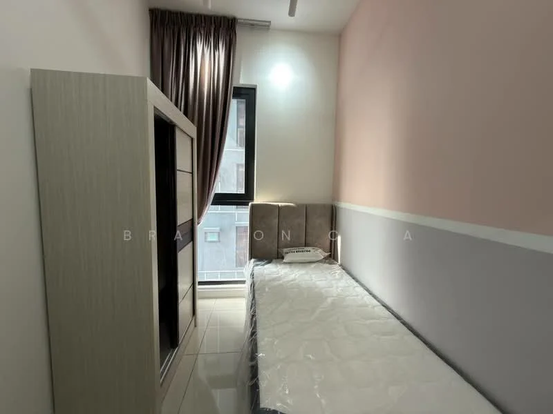 Bedroom features: single bed, upholstered headboard, built-in wardrobe, floor-to-ceiling window, curtains, white painted walls, grey accent wall, tile flooring, recessed downlight; style: modern; view: city.