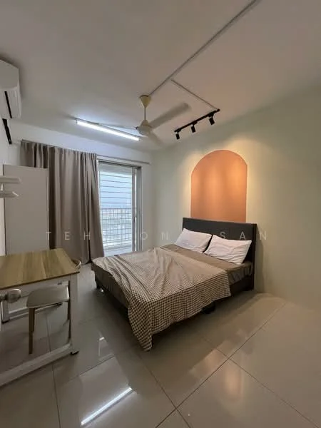 Bedroom features: king-size bed with checkered bedding, upholstered headboard, study desk with chair, floor-to-ceiling window, curtains, ceiling fan, recessed lighting, white painted walls, glossy tile flooring; style: modern; view: city.