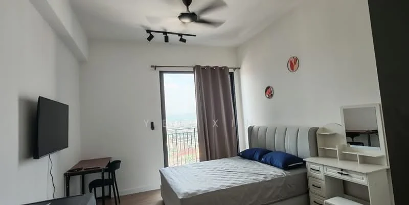 Bedroom features: queen-size bed with grey upholstered headboard, 2 blue pillows, white bed linens, wall-mounted TV, black study desk, black chair, white desk with drawers, floor-to-ceiling window, curtains in light brown, ceiling fan with integrated light, track lighting, wooden flooring, decorative wall art; style: modern; view: city.