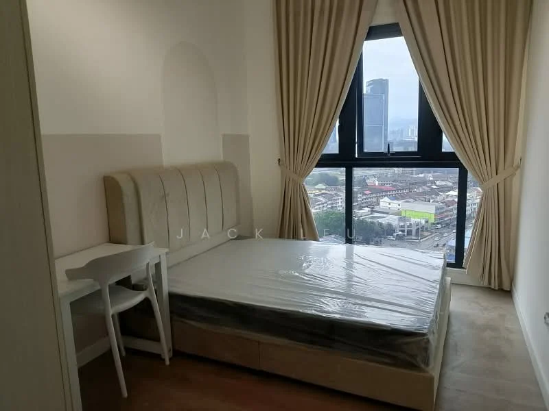 Bedroom features: queen-size bed with mattress cover, upholstered headboard, white bedside table, floor-to-ceiling window, curtains, light-colored walls, wooden flooring, city view; style: modern; view: city.